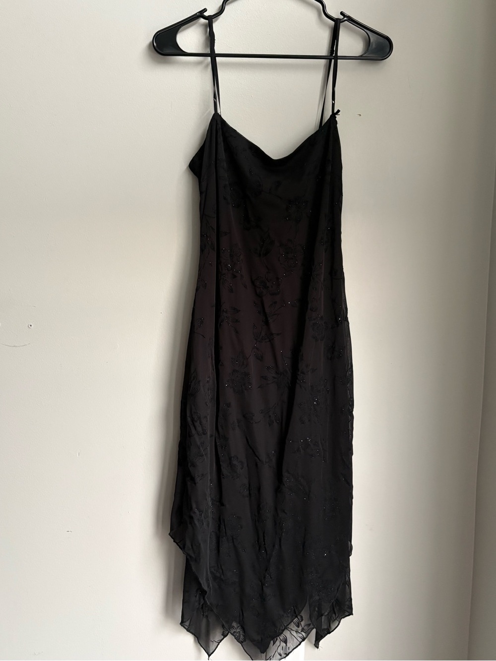 City Triangles Black Sheer Floral Midi Dress Handkerchief Hem Y2K Fairycore
